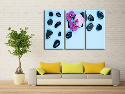 DECLINA, Tableau toile imprimée Zen, Tableau orchidée violet et galet zen, 150x100 cm