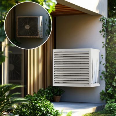 DECOAIRCO - Cache climatiseur extérieur métal - Cache clim, pompe à chaleur, protection groupe extérieur -Taille M - Blanc crème