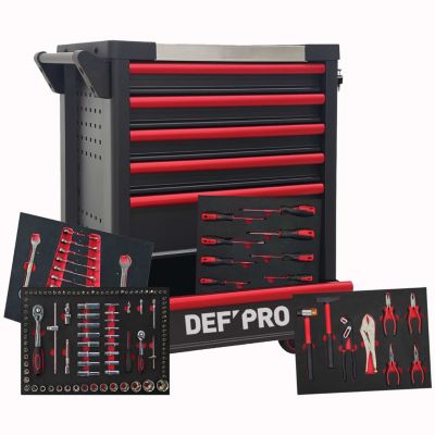 DEFPRO Servante datelier 6 tiroirs avec 284 outils et plateau inox rangement mobile robuste