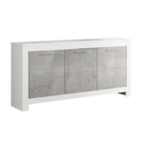 DENAE - Buffet 3 Portes L160cm Laqué Blanc Brillant et Gris Marbré