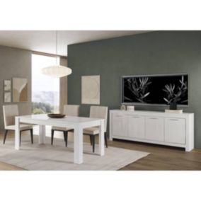 DENAE - Ensemble Séjour Laqué Blanc Brillant Table 160cm + Buffet 4 Portes