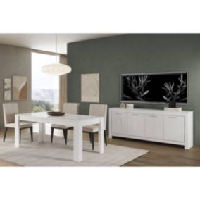 DENAE - Ensemble Séjour Laqué Blanc Brillant Table 190cm + Buffet 4 Portes