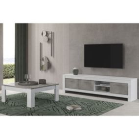 DENAE - Ensemble Salon Blanc et Gris Marbré Meuble TV 3 Portes + Table Basse Carrée