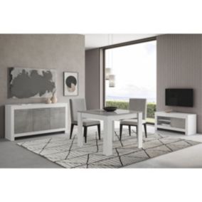 DENAE - Ensemble Salon Séjour Blanc et Gris Marbré Meuble TV + Buffet 3 Portes + Table 100cm