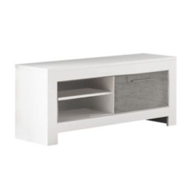 DENAE - Meuble TV 1 Porte L112cm Laqué Blanc Brillant et Gris Marbré