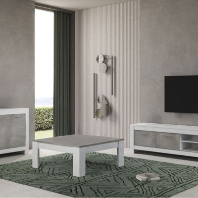 DENAE - Table Basse Carrée 100cm Laquée Blanc Brillant et Gris Marbré