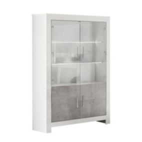 DENAE - Vitrine 4 Portes Laquée Blanc Brillant et Gris Marbré avec Leds