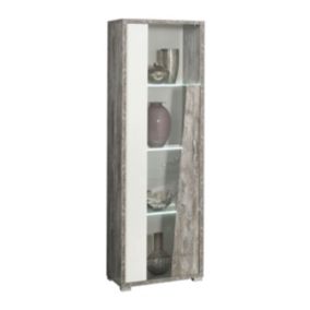 DENYS - Vitrine 1 Porte Gauche Laqué Blanc et Effet Bois Taupe