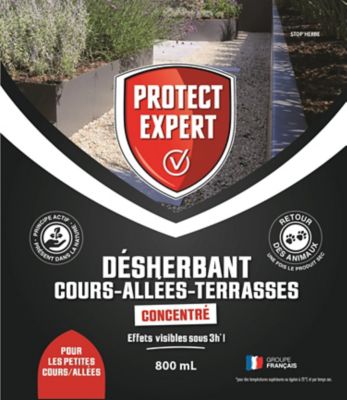 Protect Expert Désherbant Ultra Concentré Cours, Allées, Terrasses - Effet Visible En 3h - 800 Ml - Jusqu'à 355 M² - Bidon Avec Juste Dose