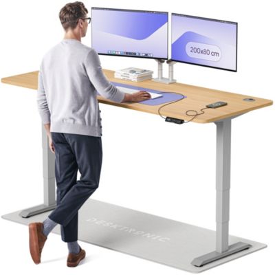 Desktronic Bureau assis debout HomePro 200x80cm - Électrique Réglable en Hauteur - Chargeur USB/USB-C - Gris/Chêne