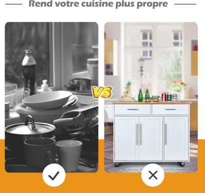 Chariot De Cuisine Mobile Avec Plan De Travail - Bois Blanc, Roulettes, Porte-Serviettes - 115x90x36 Cm