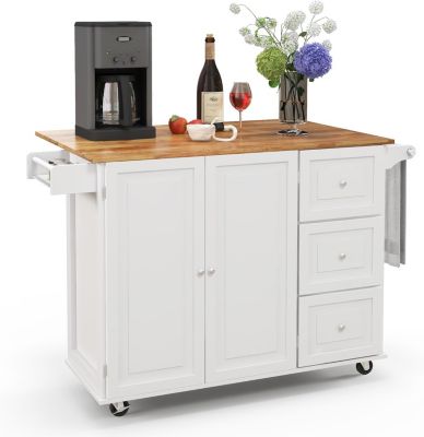 KOMFOTTEU Chariot de Cuisine avec 3 Tiroirs, Desserte à roulettes avec 1 Plateau Amovible, Chariot de Service, Dessus en Bois d'Hévéa, pour Cuisine, Salle à Manger, 67 x 37 x 84 cm (Blanc