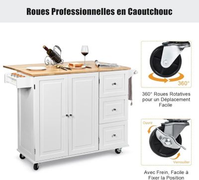 Desserte Chariot de Cuisine à Roulettes avec 1 Armoire à 3 Niveaux et 3 Tiroirs 2 Planches Réglables et Plateau Pliable Blanc