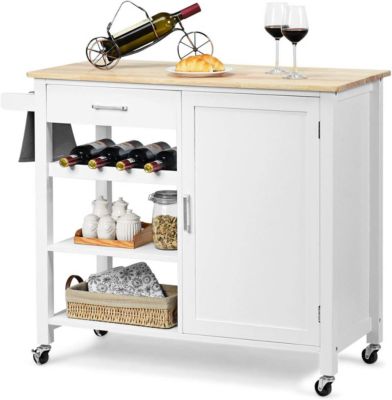 Desserte Chariot Îlot de Cuisine avec Comptoir en Bois Hévéa avec Tiroir Porte Serviettes Porte Bouteilles de Vin Blanc