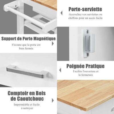 Desserte Chariot Îlot de Cuisine avec Comptoir en Bois Hévéa avec Tiroir Porte Serviettes Porte Bouteilles de Vin Blanc