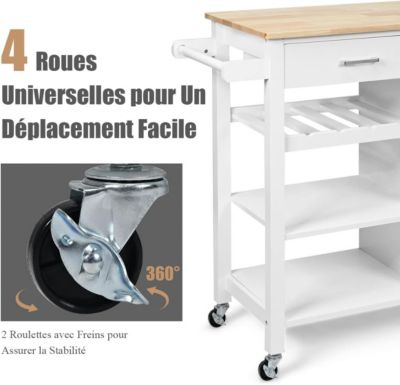 Desserte Chariot Îlot de Cuisine avec Comptoir en Bois Hévéa avec Tiroir Porte Serviettes Porte Bouteilles de Vin Blanc