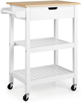 Desserte de Cuisine à 3 Niveaux avec Tiroir et Étagères Chariot avec Plan de Travail en Bambou Blanc