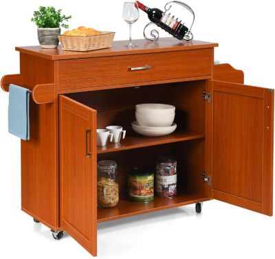 Desserte de Cuisine a roulettes avec 2 Etagere et 1 tiroirs,en Bois avec Porte-Serviettes, 116 x 40 x 85 CM (Orange)
