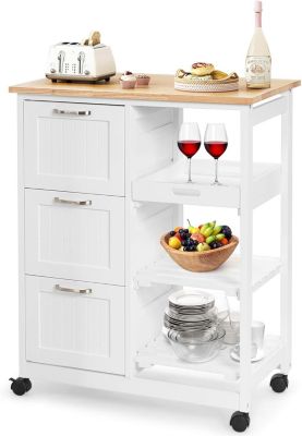 Desserte de Cuisine a roulettes avec 3 Tiroirs et 3 Niveaux Chariot de Cuisine en Bois avec 1 Plateau Amovible et Frein