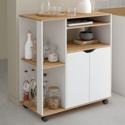 Desserte de cuisine COSI bois blanc et plateaux façon hêtre L.76 CM