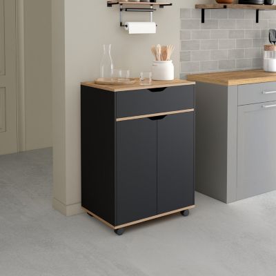 Desserte de cuisine COSY placard avec tiroir bois noir et plateaux façon hêtre L.60 CM