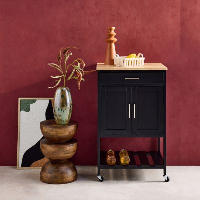Desserte de cuisine noire BENDOR plateau en bois d'hévéa. 56 x 46 x 90 cm. 4 roues. 1 tiroir. 2 étagère. 1 double porte. style