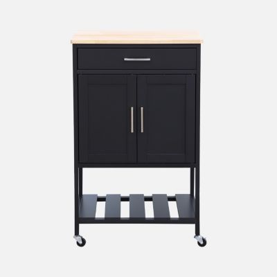 Desserte de cuisine noire BENDOR plateau en bois d'hévéa. 56 x 46 x 90 cm. 4 roues. 1 tiroir. 2 étagère. 1 double porte. style