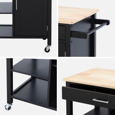 Desserte de cuisine noire BENDOR plateau en bois d'hévéa. 83 x 47 x 91 cm. 1 poignée. 4 roues. 1 tiroir. 5 étagères. 1 porte.