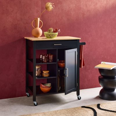 Desserte de cuisine noire BENDOR plateau en bois d'hévéa. 83 x 47 x 91 cm. 1 poignée. 4 roues. 1 tiroir. 5 étagères. 1 porte.
