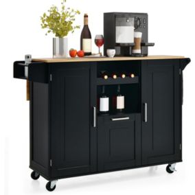 Desserte de Cuisine à Roulettes 130x74x90CM avec Plateau Pliable Porte Bouteilles 2 Armoires à Portes Poignée Noir