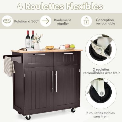 Desserte de Cuisine à roulettes avec Placard étagère 3 Niveaux Réglables et 2 Tiroirs Porte Serviettes
