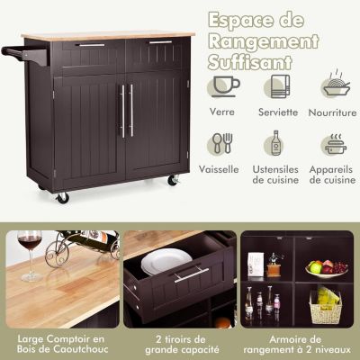 Desserte de Cuisine à roulettes avec Placard étagère 3 Niveaux Réglables et 2 Tiroirs Porte Serviettes
