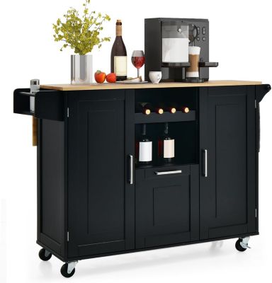 Desserte de Cuisine à Roulettes avec Plateau Pliable Porte Bouteilles,2 Armoires à Portes,Poignée Noir