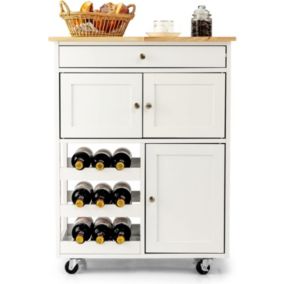 Desserte de Cuisine à roulettes Chariot de Cuisine en Bois avec Casiers à Vin 3 Niveaux 67 x 37 x 86 CM, Blanc