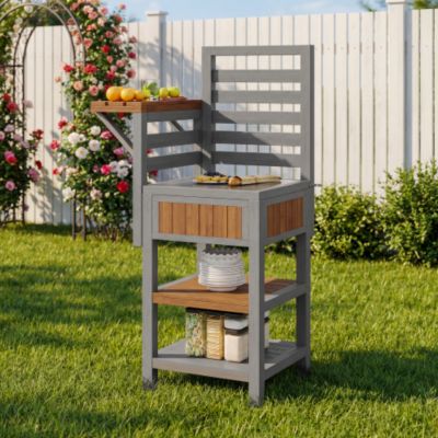 Desserte de jardin avec plateau inox et tablette pliable - Armoire de rangement en bois massif pour balcon et terrasse - Gris