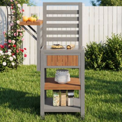 Desserte de jardin avec plateau inox et tablette pliable - Armoire de rangement en bois massif pour balcon et terrasse - Gris