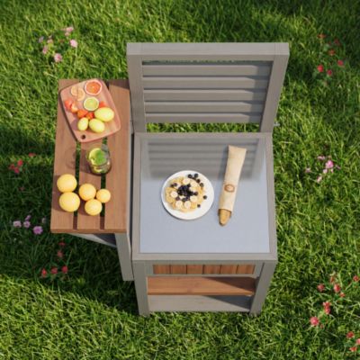 Desserte de jardin avec plateau inox et tablette pliable - Armoire de rangement en bois massif pour balcon et terrasse - Gris