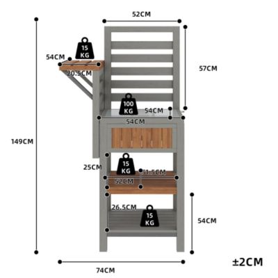 Desserte de jardin avec plateau inox et tablette pliable - Armoire de rangement en bois massif pour balcon et terrasse - Gris