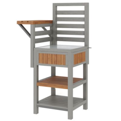 Desserte de jardin avec plateau inox et tablette pliable - Armoire de rangement en bois massif pour balcon et terrasse - Gris