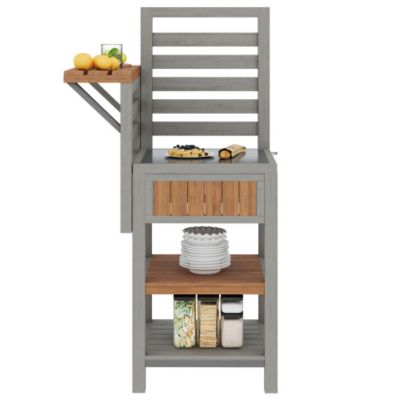 Desserte de jardin avec plateau inox et tablette pliable - Armoire de rangement en bois massif pour balcon et terrasse - Gris