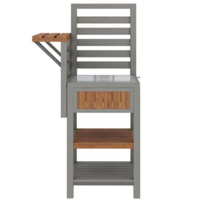 Desserte de jardin avec plateau inox et tablette pliable - Armoire de rangement en bois massif pour balcon et terrasse - Gris