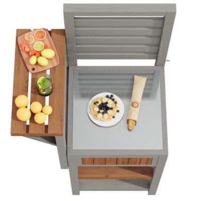 Desserte de jardin avec plateau inox et tablette pliable - Armoire de rangement en bois massif pour balcon et terrasse - Gris