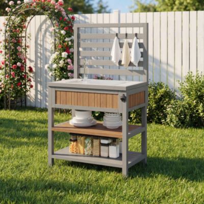 Desserte de jardin - avec évier, robinet et décapsuleur - Buffet d'extérieur en bois massif avec étagères et crochets - Gris