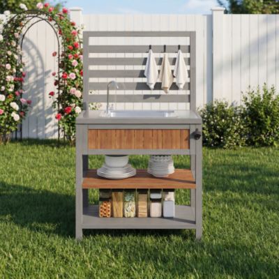 Desserte de jardin - avec évier, robinet et décapsuleur - Buffet d'extérieur en bois massif avec étagères et crochets - Gris