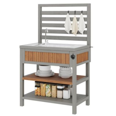 Desserte de jardin - avec évier, robinet et décapsuleur - Buffet d'extérieur en bois massif avec étagères et crochets - Gris