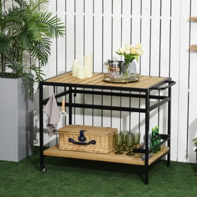 Desserte de jardin chariot pour plancha barbecue 2 étagères 3 crochets bois nature métal noir