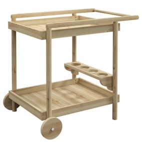 Desserte de jardin chariot pour plancha barbecue en bois avec poignée 2 plateaux et porte-bouteilles