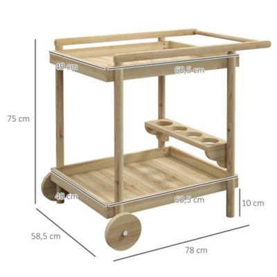 Desserte de jardin chariot pour plancha barbecue en bois avec poignée 2 plateaux et porte-bouteilles