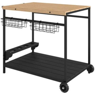 Desserte de jardin chariot pour plancha barbecue en bois et métal avec poignée 2 plateaux 2 paniers et porte-bouteilles