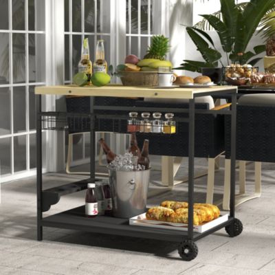 Desserte de jardin chariot pour plancha barbecue en bois et métal avec poignée 2 plateaux 2 paniers et porte-bouteilles